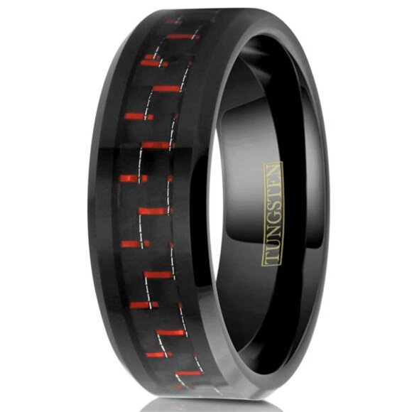 Men's Wedding Band Ring - 8mm Black and Red Carbon Fiber - Wedding Rings - Picture 1 of 5